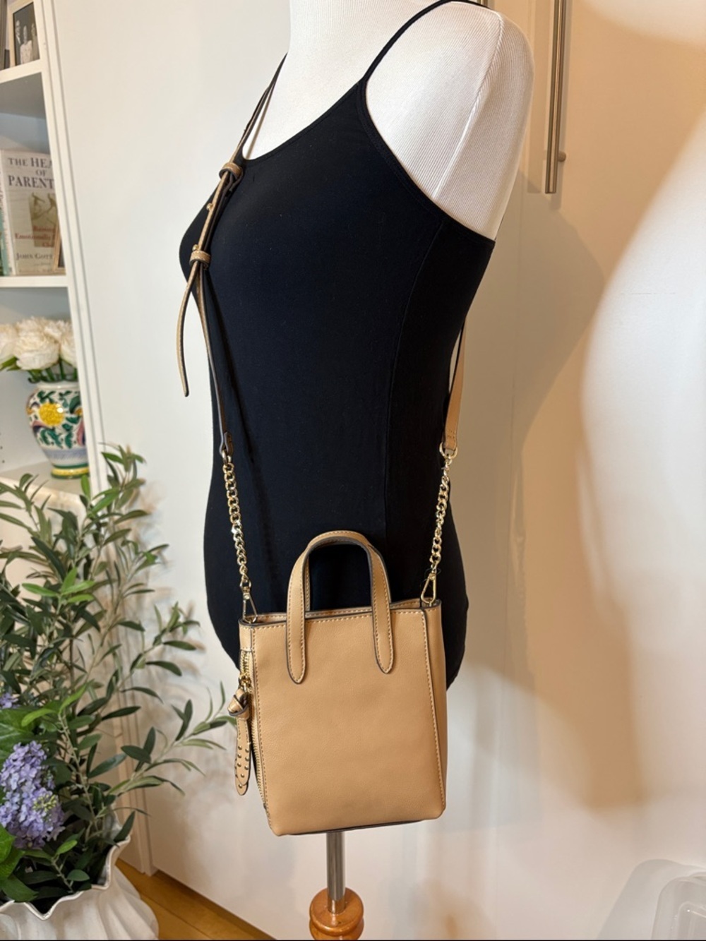 INC International Concepts Tan Mini Leather Crossbody with Chain Strap